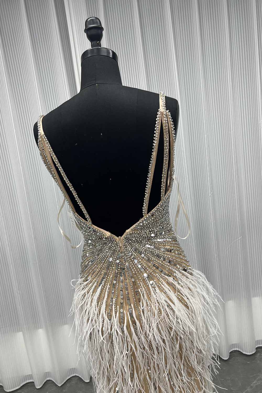 YQLNNE 043 Silver Nude Feathers Crystals Evening Dress Wedding Party Gown