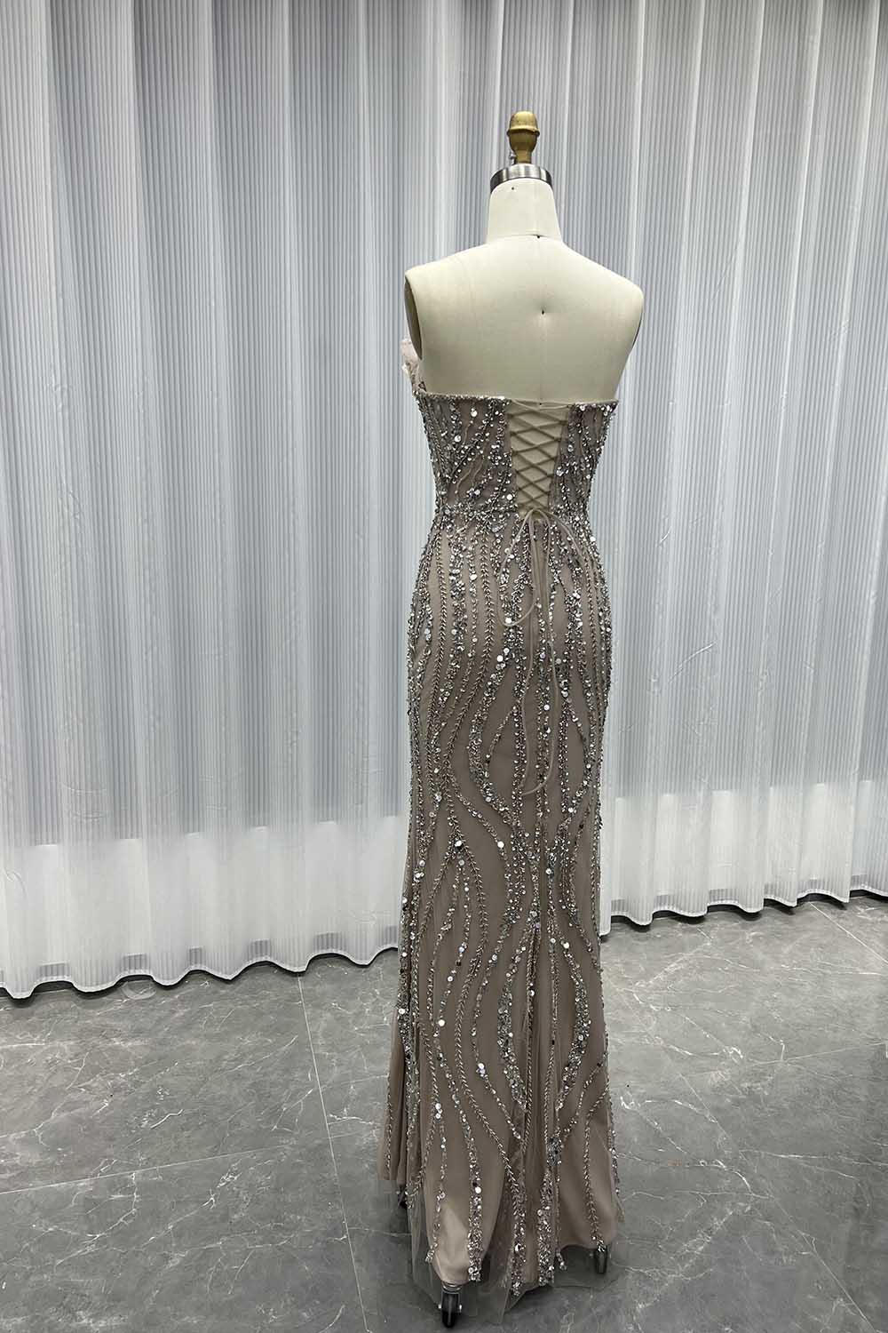 YQLNNE 040 Nude Strapless Long Evening Dress Crystals Beaded Formal Gown