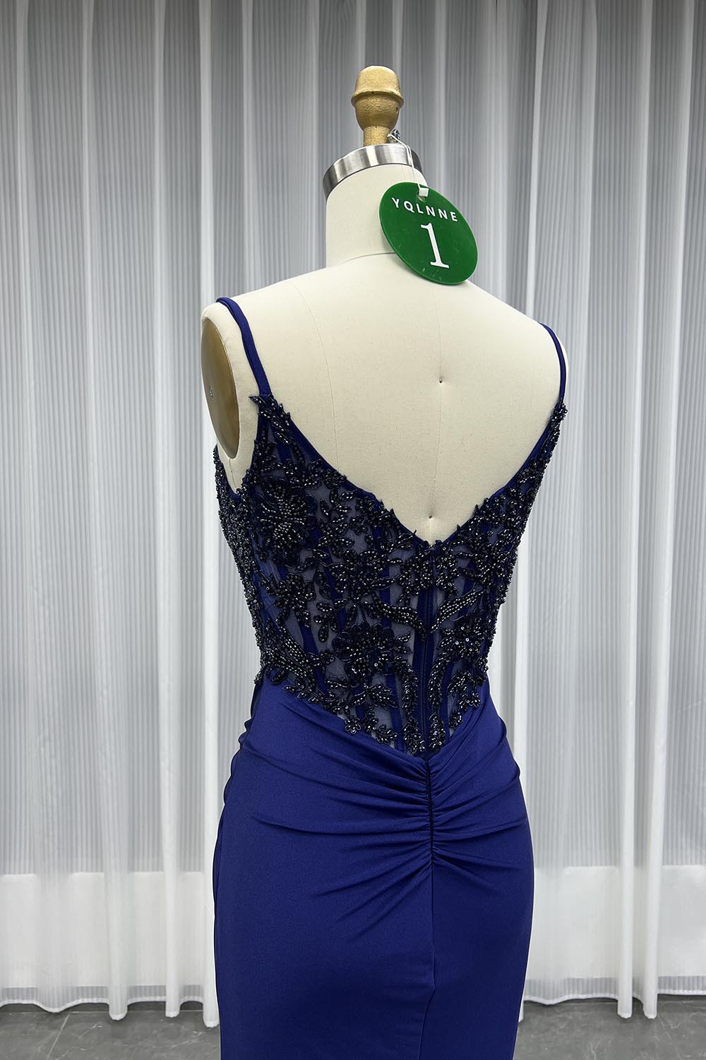 YQLNNE 01 Navy Spaghetti Long Slit Prom Dress With Beading
