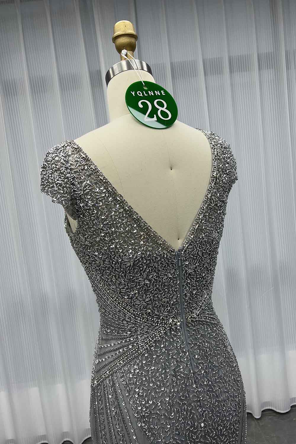 YQLNNE 028 Silver Crystals Beaded Evening Dress Mermaid Cap Sleeves