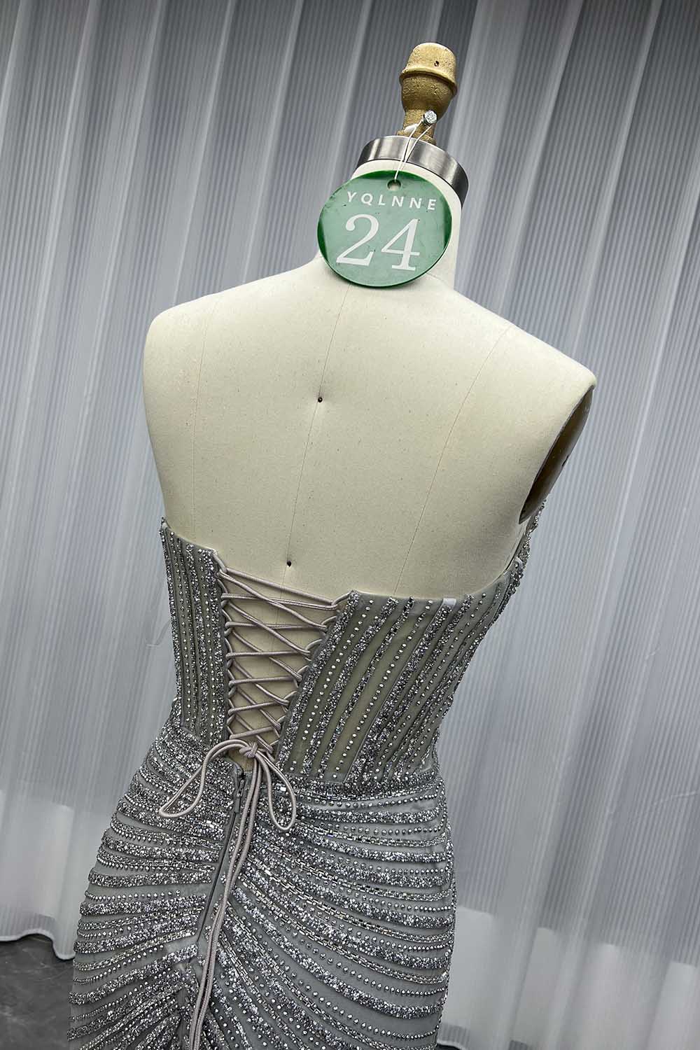 YQLNNE 024 Silver Strapless Crystals Beaded Prom Dresses Long Mermaid Gown