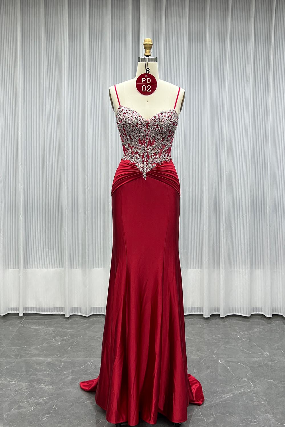 YQLNNE PD02 Red Satin Spaghetti Long Prom Dresses Mermaid