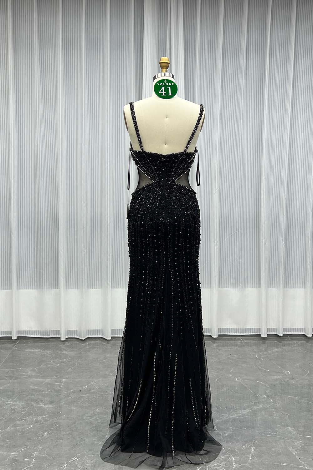 YQLNNE 041 Black Crystals Mermaid Evening Dress With Straps