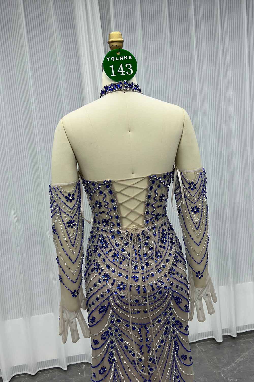 YQLNNE 0143 Blue Crystals Halter Evening Dress Mermaid Beaded Gown