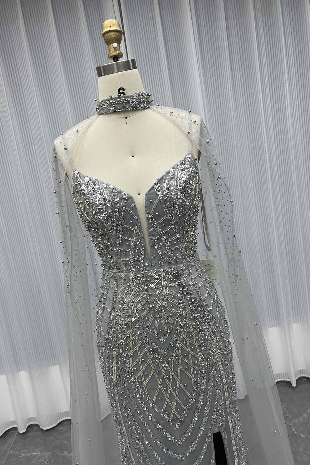 YQLNNE 17009 Silver Straps Long Evening Dress With Cape