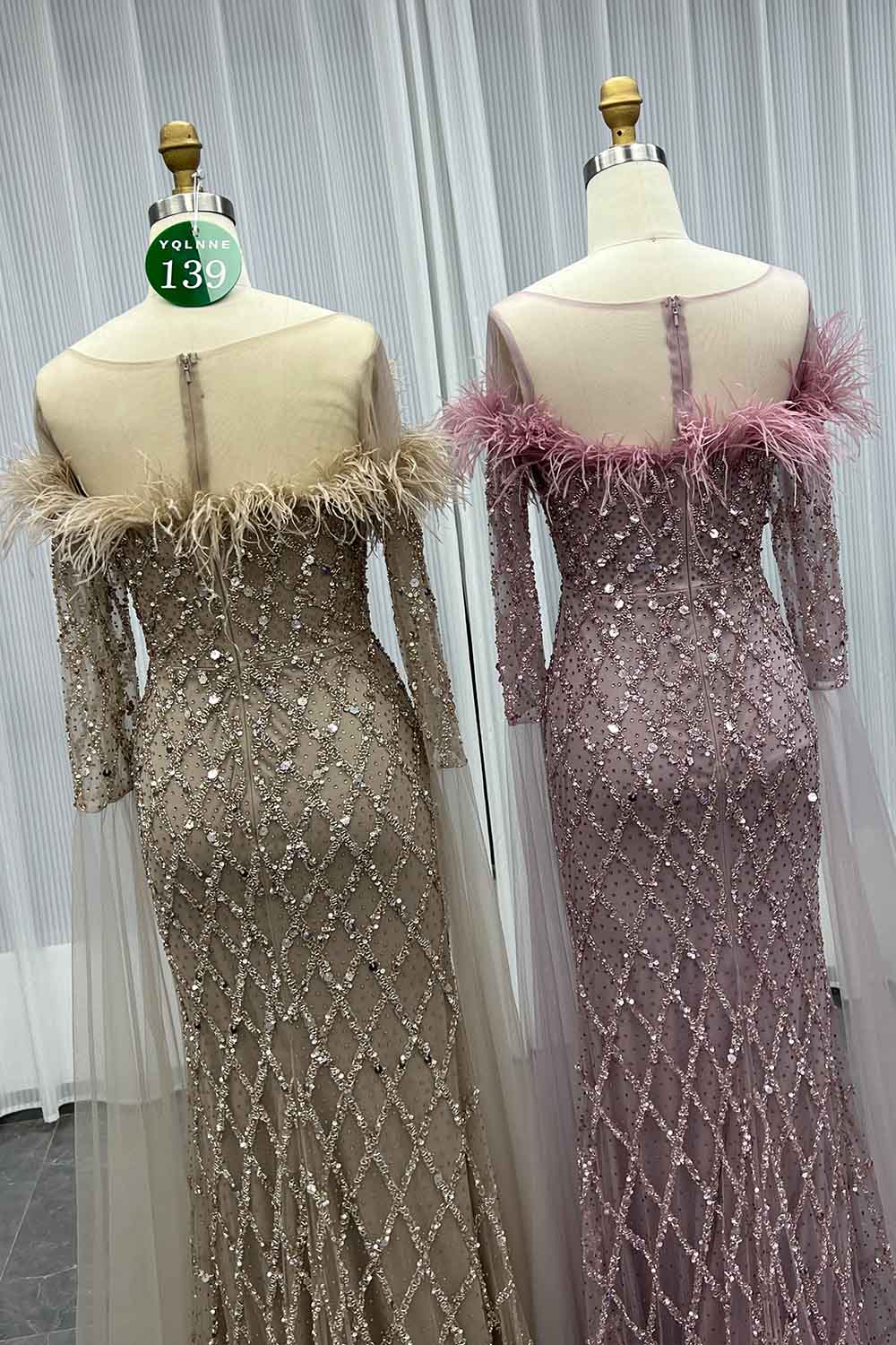 YQLNNE 0139 Nude Feathers Beaded Evening Dress With Sleeves