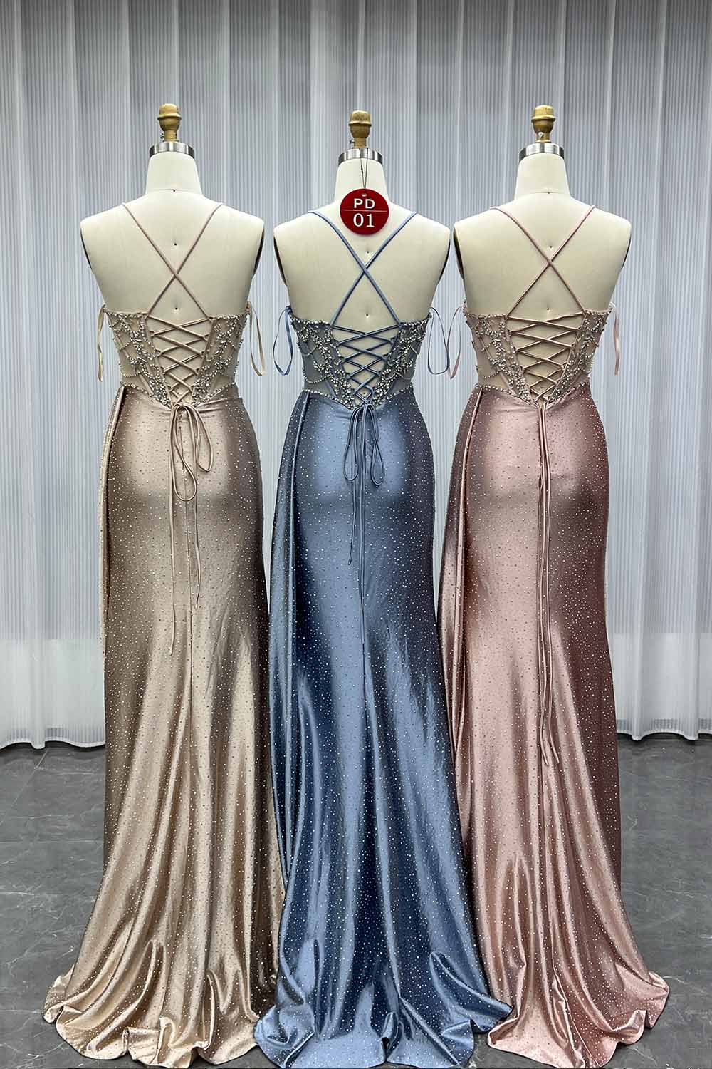 YQLNNE PD01 Champagne Straps Crystals Long Prom Dresses Lace-up Back