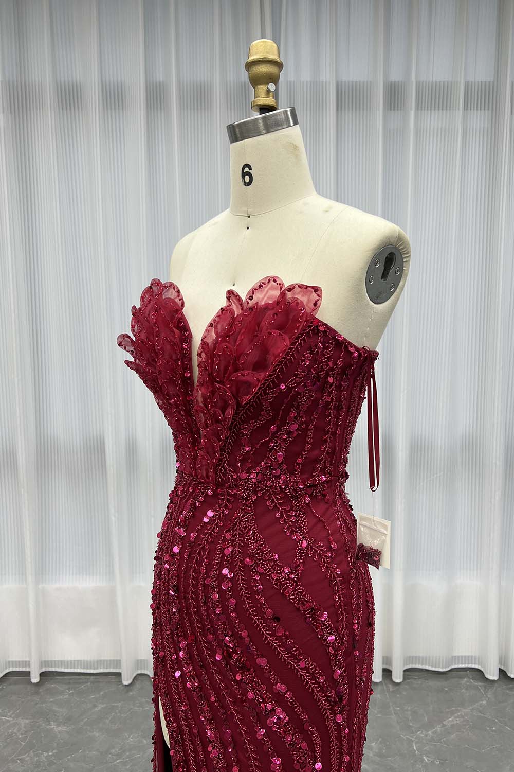 YQLNNE 040 Burgundy Corset Evening Dress Long Slit Handmade Beaded Gown