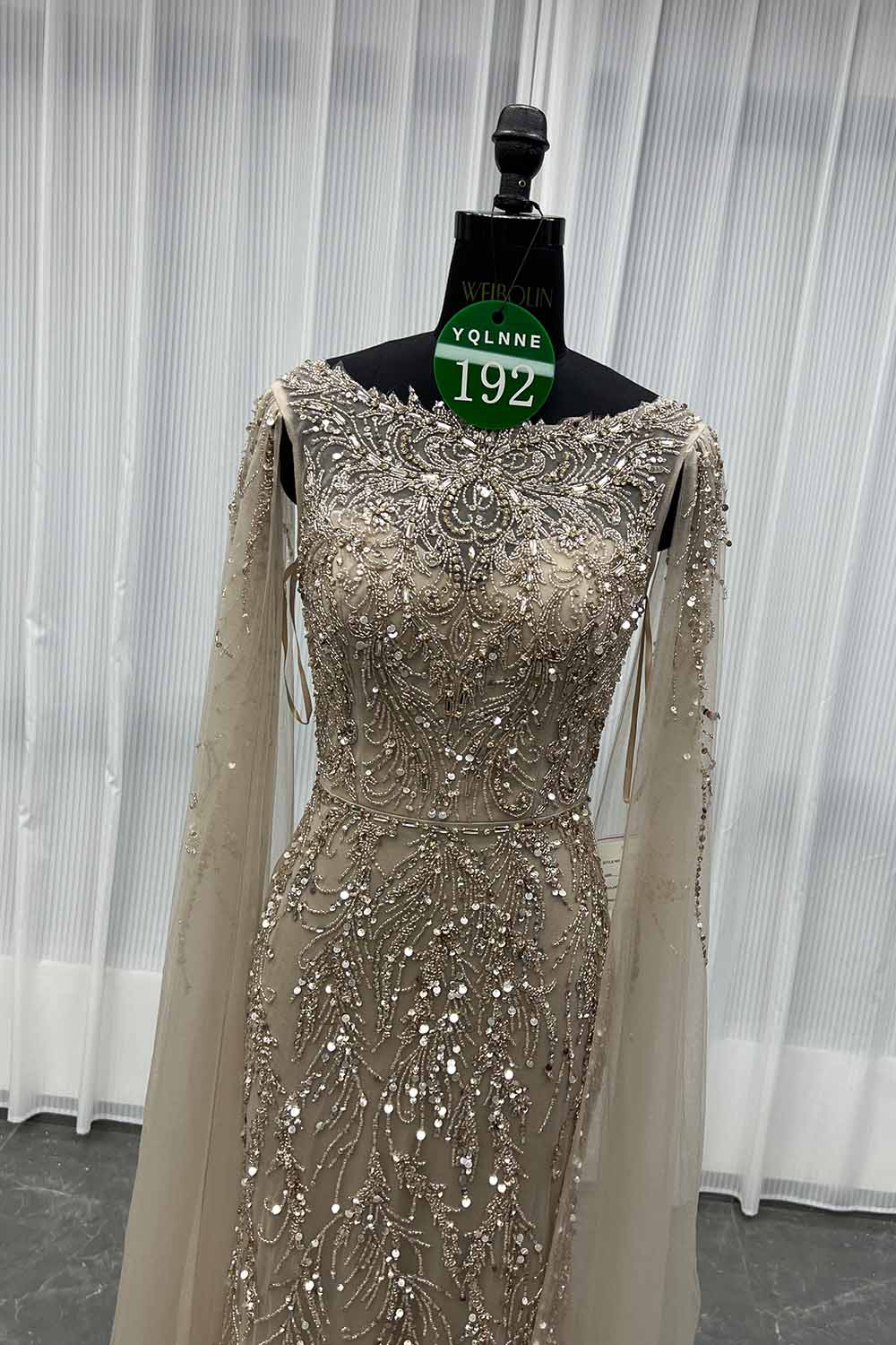 YQLNNE 0192 Burgundy Handmade Crystals Beaded Evening Dress With Long Cape Sleeves