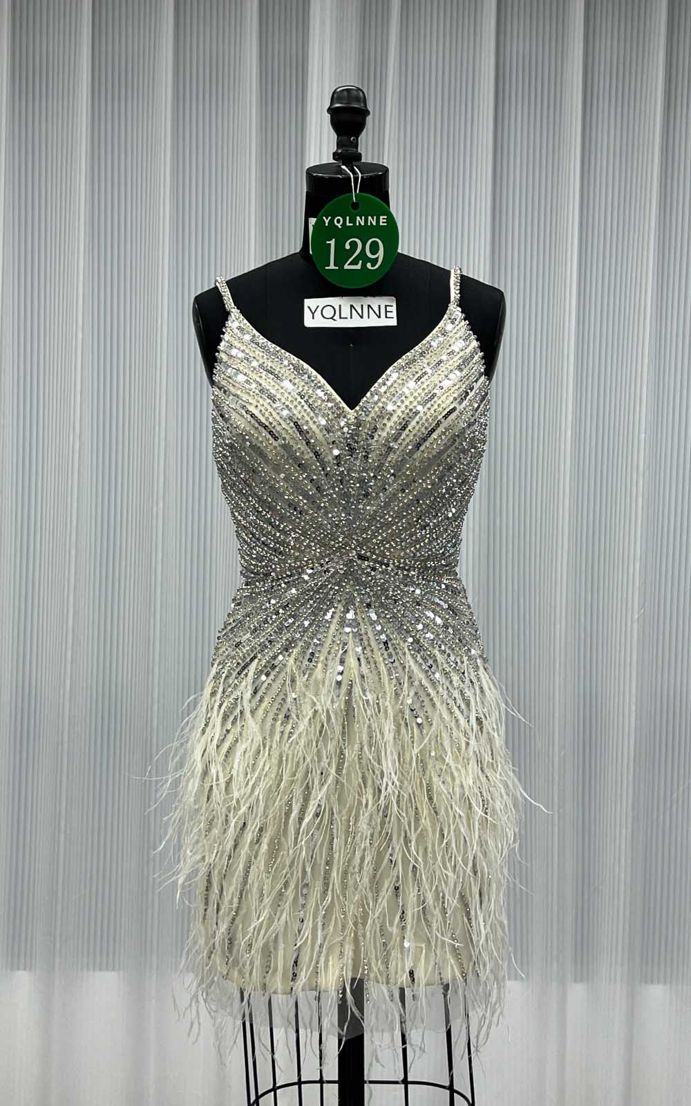YQLNNE 0129 Silver Feathers Short Evening Dress Crystals Beaded Party Gown