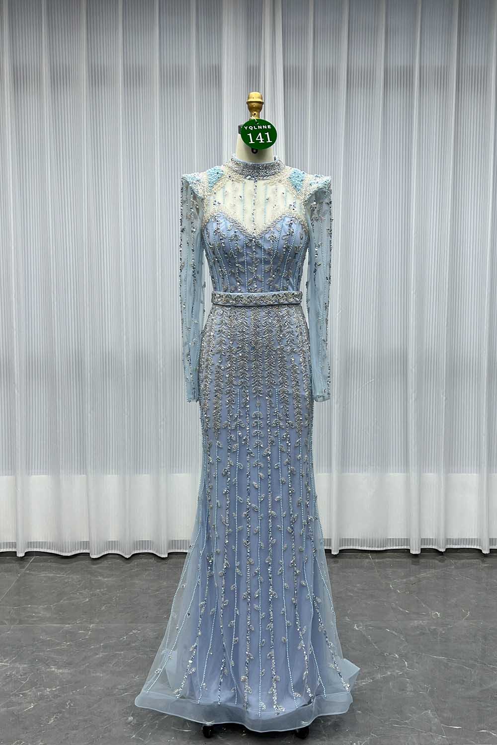 YQLNNE 0141 Modest Pink Full Sleeves Evening Dress Handmade Beaded Pearls Muslim Formal Gown