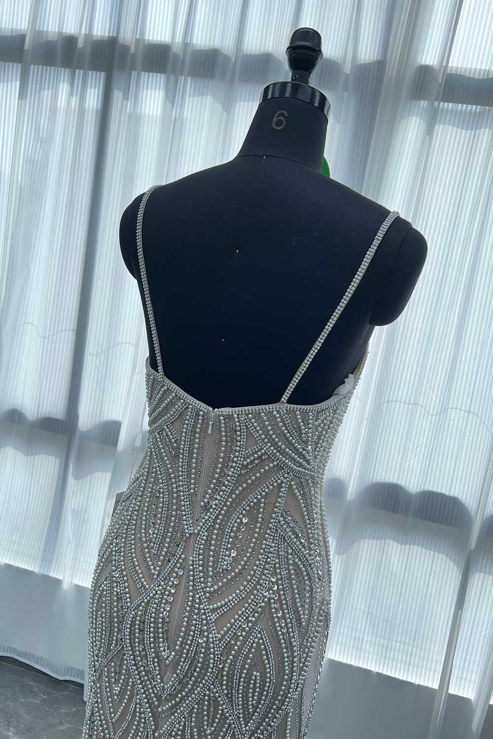 YQLNNE 027 Silver Nude Crystals Pearls Evening Dress Long Mermaid Prom Party Gown