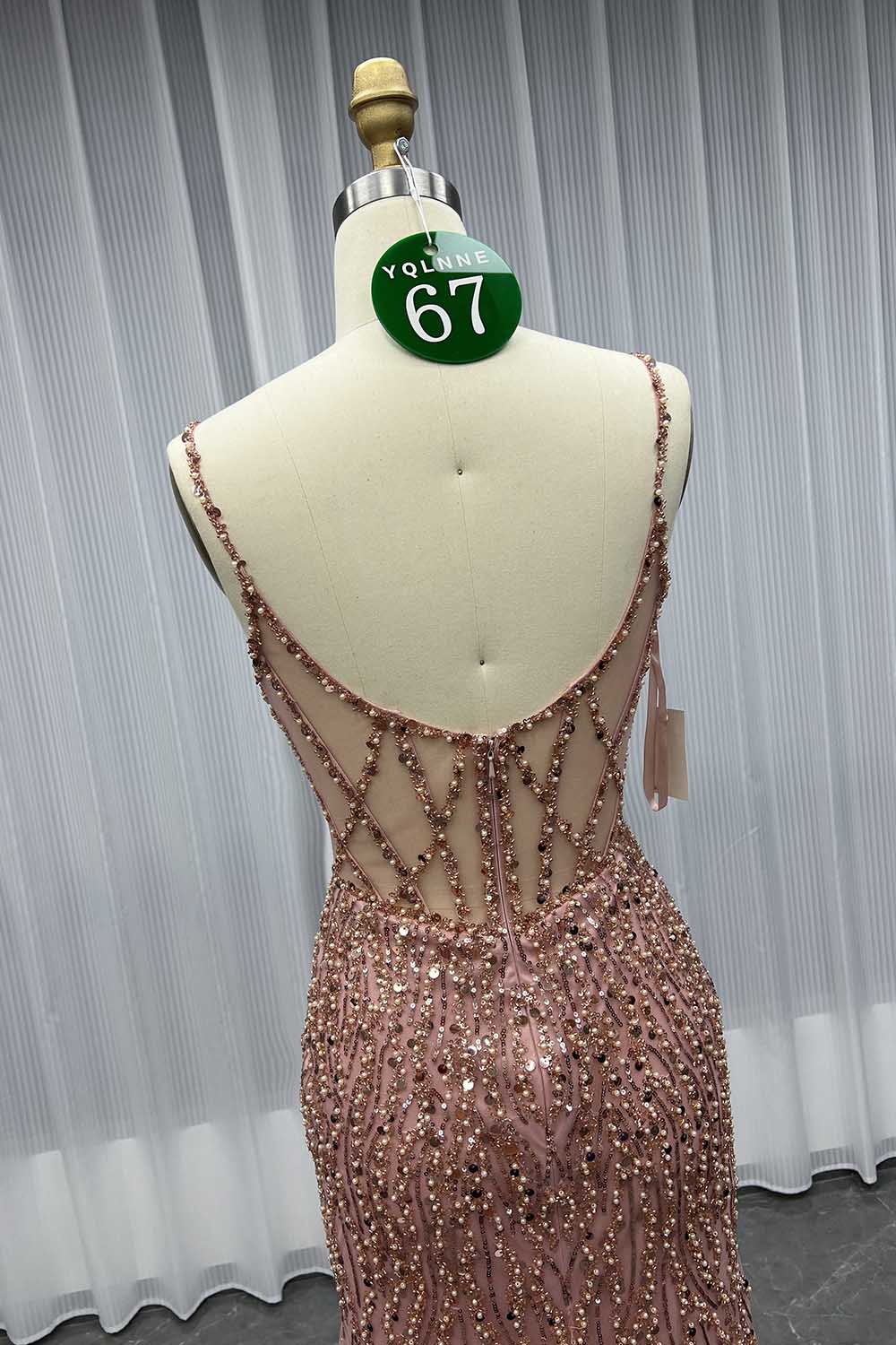 YQLNNE 067 Rose Gold Long Slit Prom Dress Mermaid Party Dress