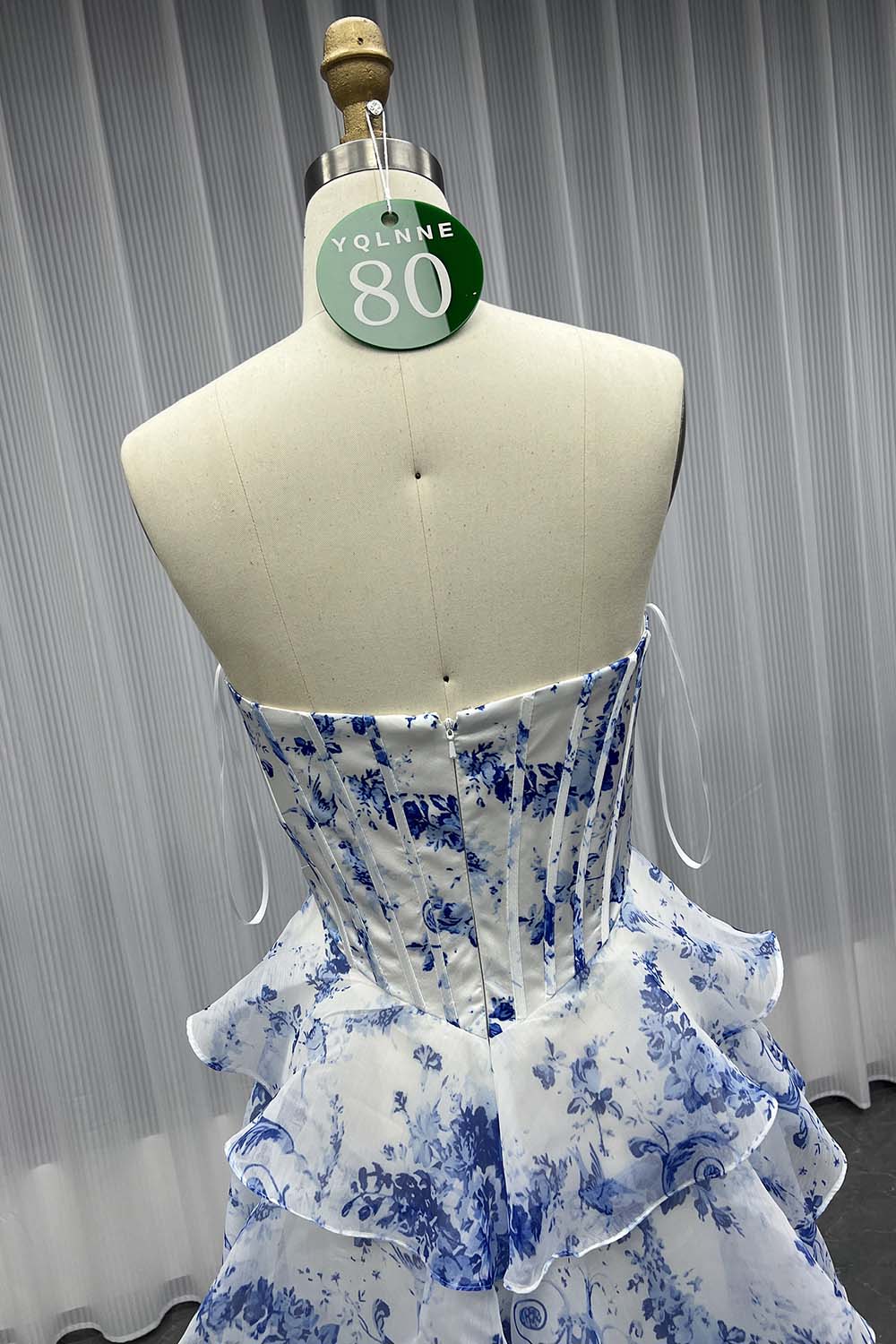 YQLNNE 080 Blue Printing Flowers Prom Dresses Long Slit Pink Party Dress
