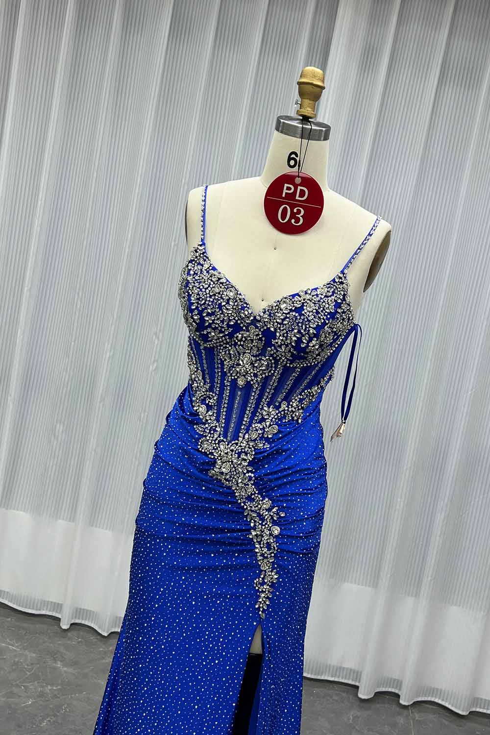 YQLNNE PD03 Navy Crystals Long Prom Dresses Satin Straps