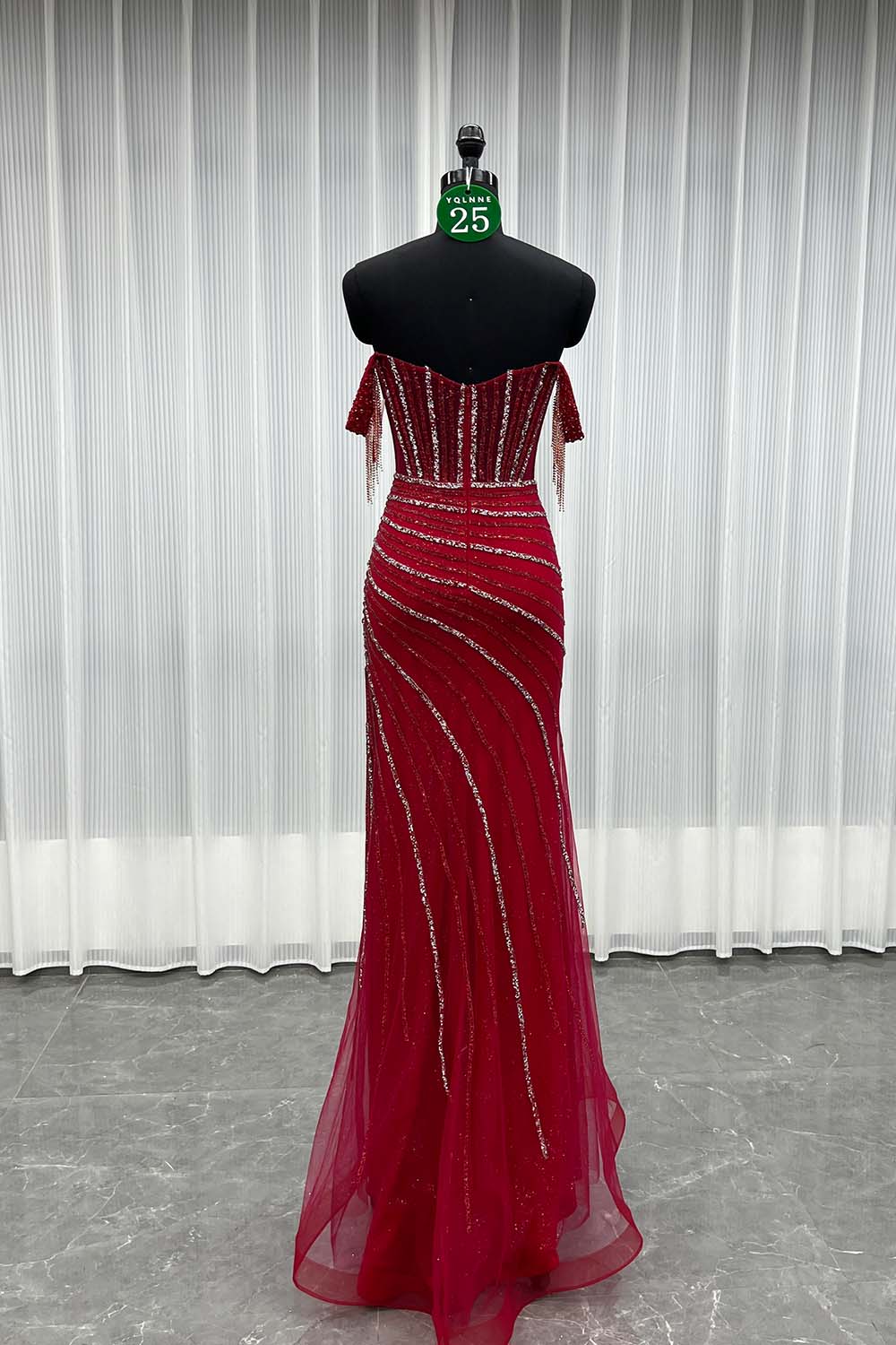 YQLNNE 025 Red Off Shoulder Crystals Beaded Prom Dress Long Evening Gown
