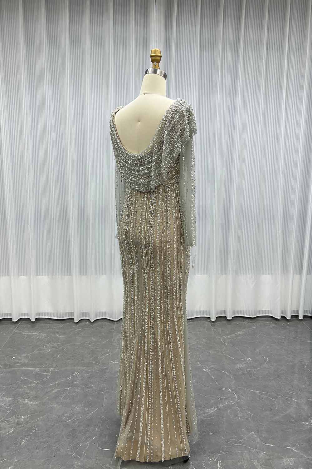 YQLNNE 0198 Silver Nude Crystals Evening Dresses Long Sleeves Gowns