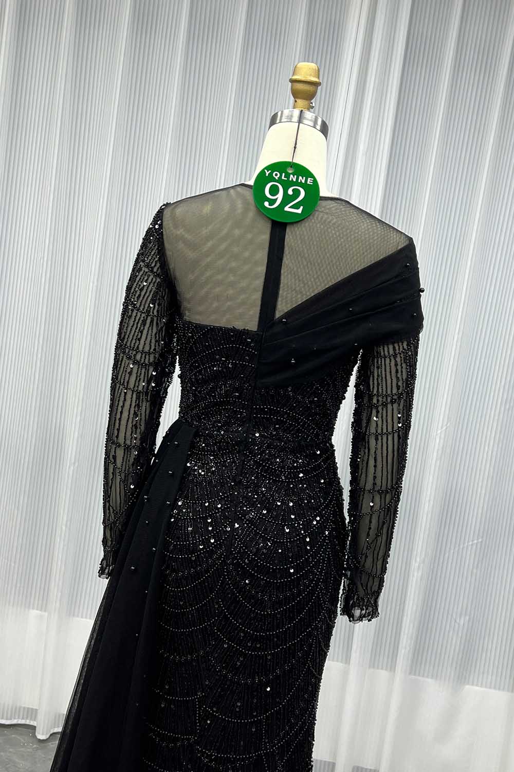 YQLNNE 092 Black Full Sleeves Beading Evening Dress