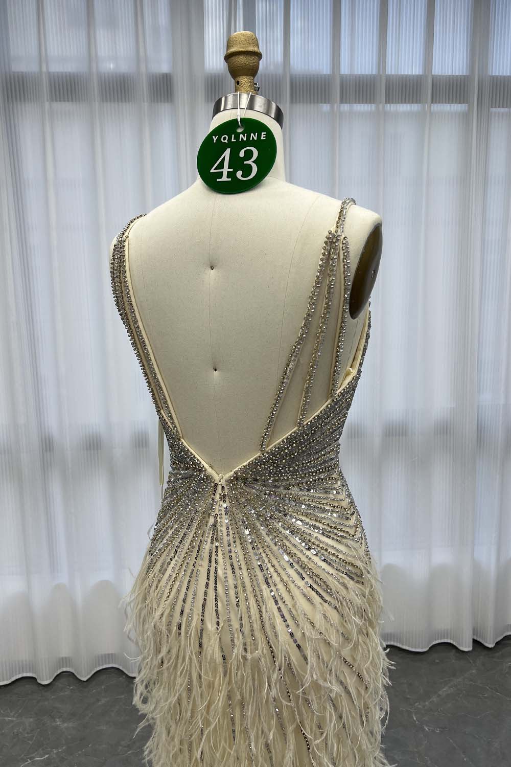 YQLNNE 043 Beige Feathers Long Crystals Evening Dress With Slit