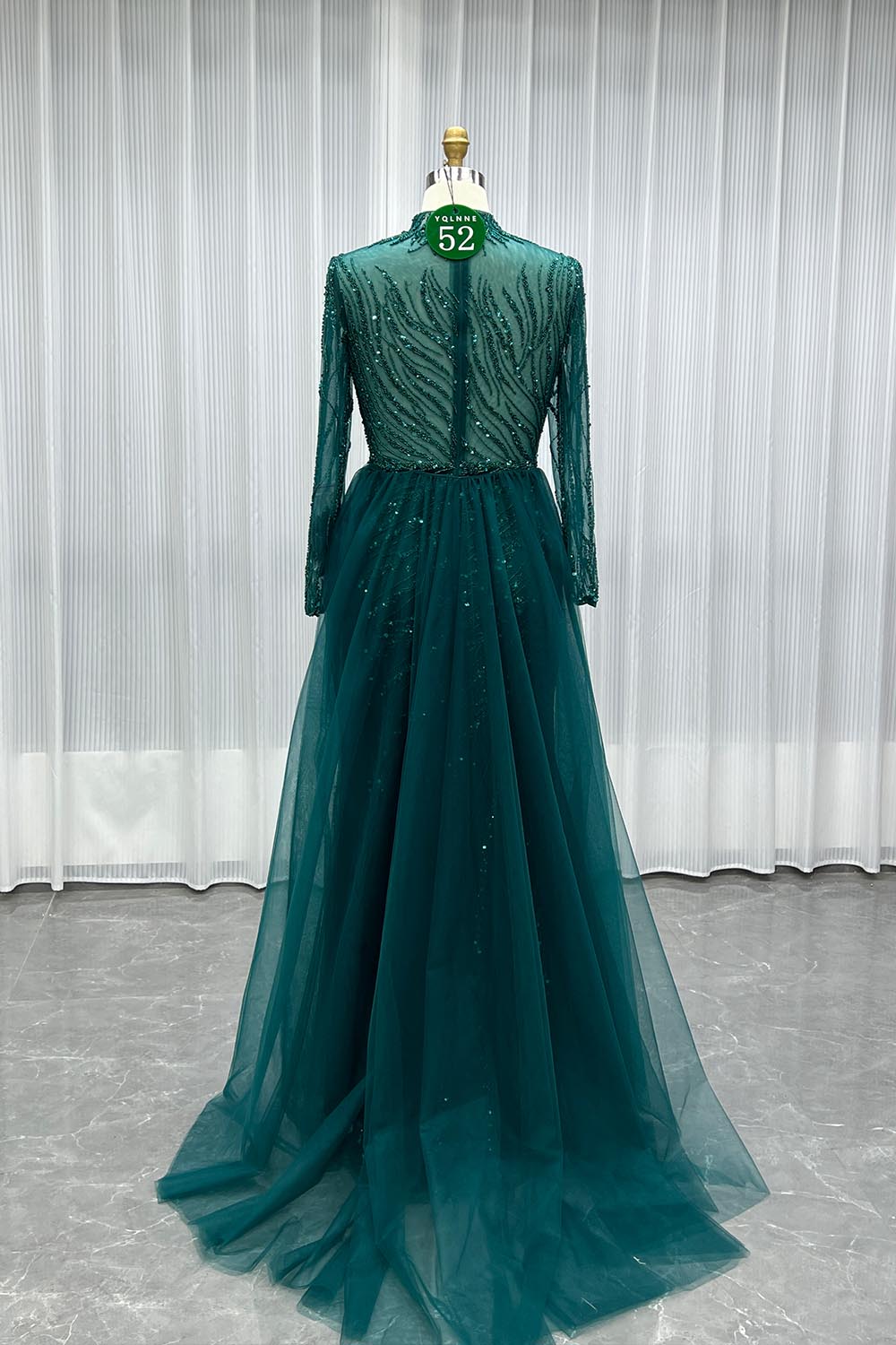 YQLNNE 052 Modest Dark Green Full Sleeves Evening Dress Handmade Beaded With Removable Train