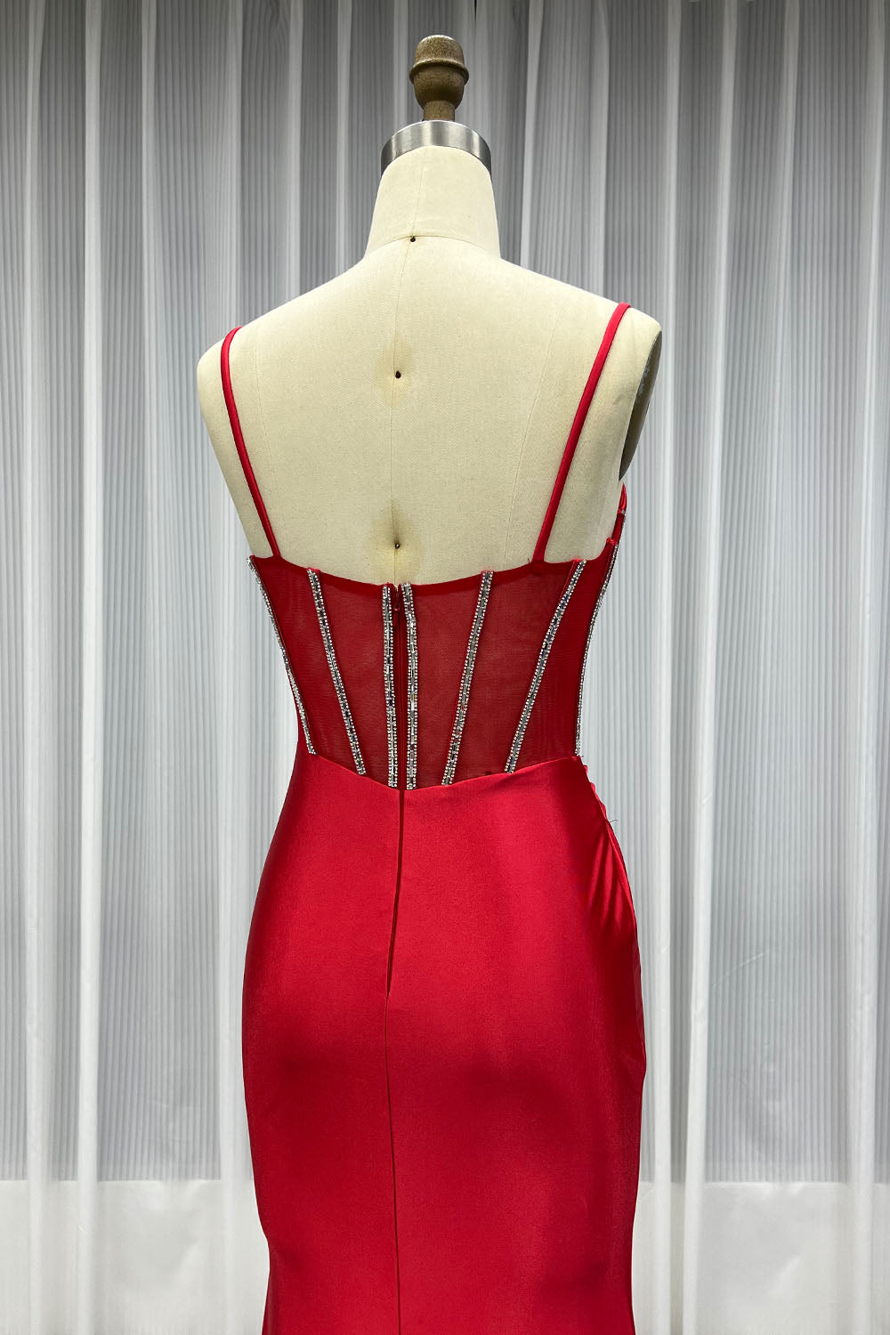 YQLNNE 015 Red Crystals Long Prom Dress Straps Satin Slit