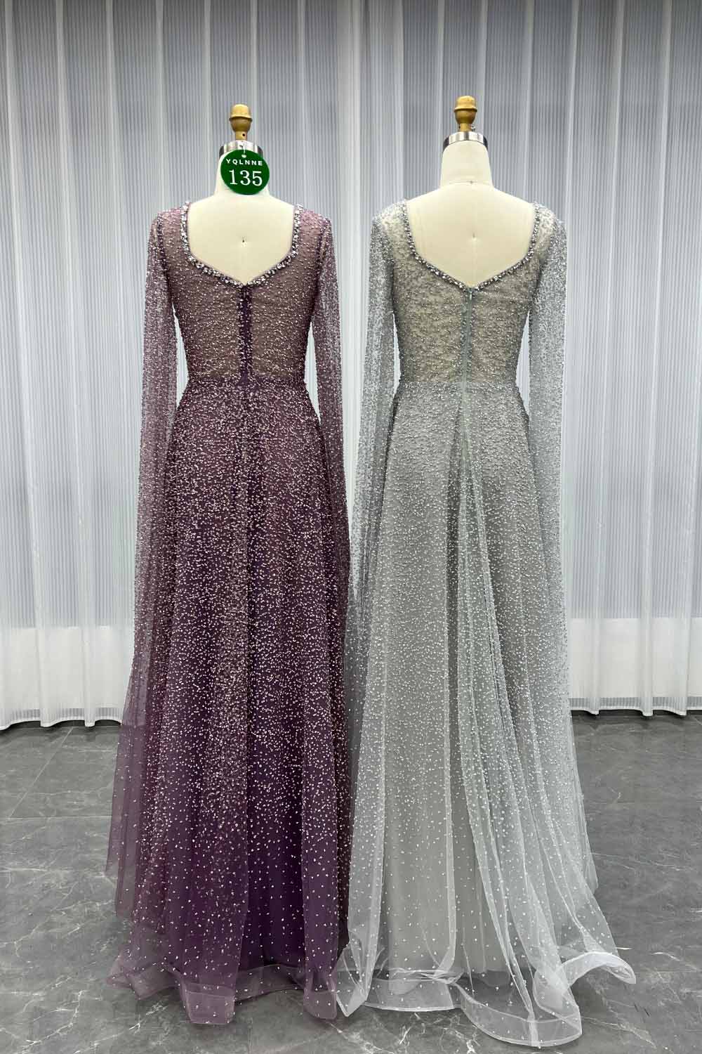 YQLNNE 0135 Sparkly Silver Crystals Evening Dresses Cape Sleeves Long Aline Formal Women Party Gown