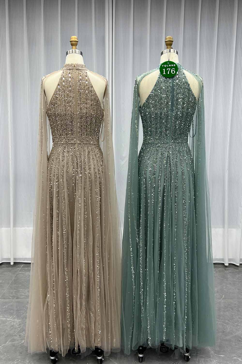 YQLNNE 0176 Sparkly Sage Crystals Evening Dress With Crystals Beaded Cape Sleeves