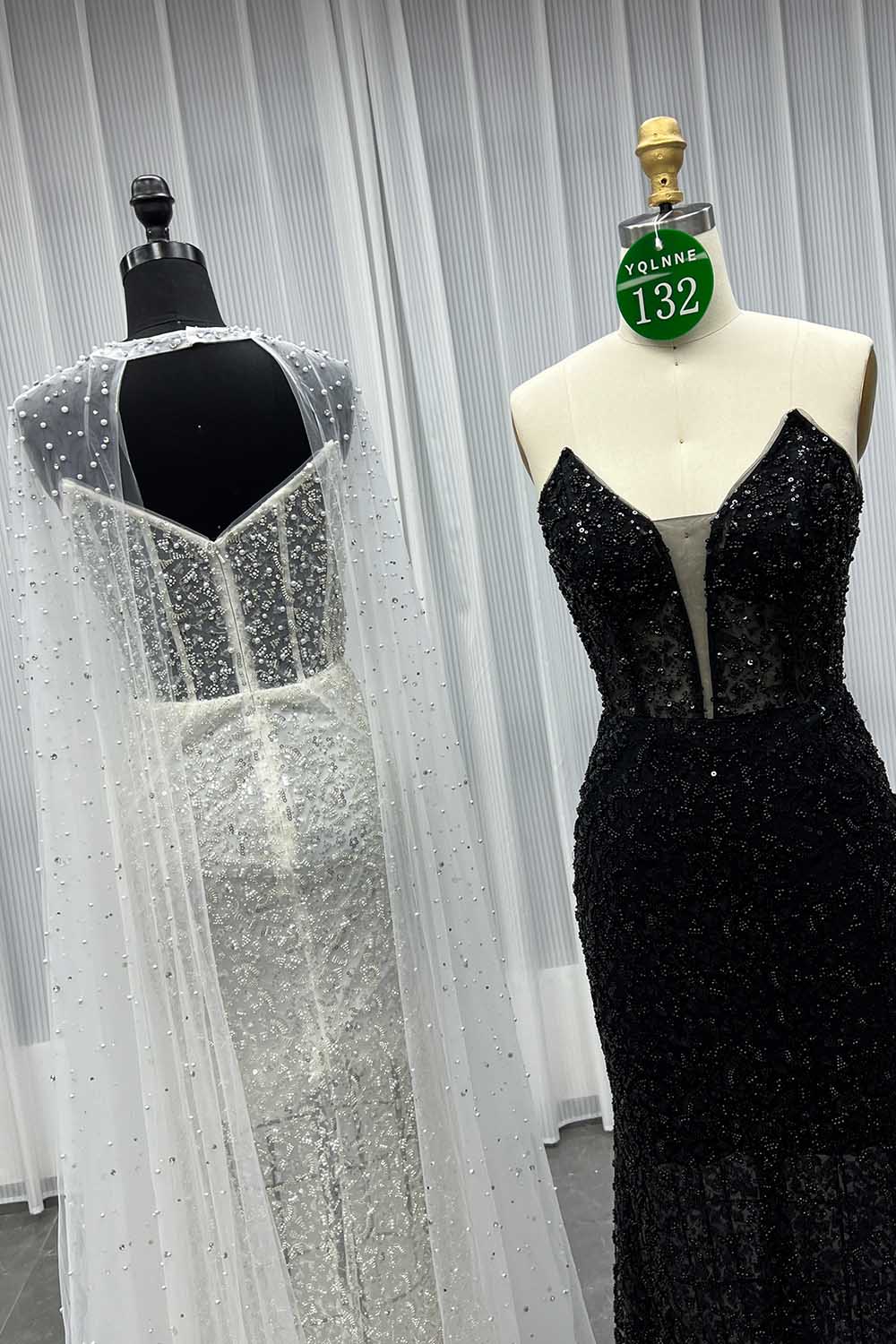 YQLNNE 0132 Black Strapless Beaded Evening Dress With Removable Shawl