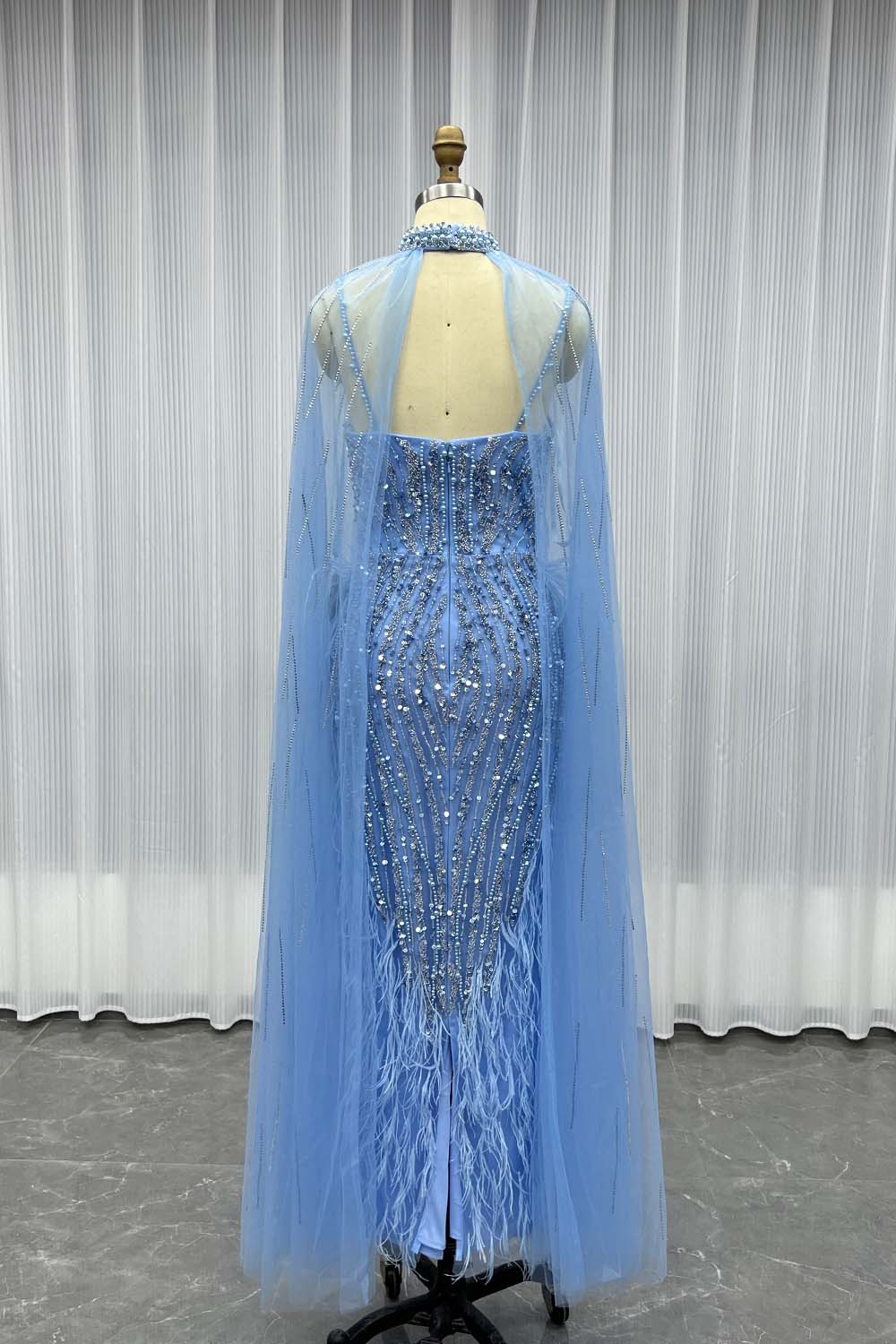 YQ082 Blue Feathers Evening Dress With Shawl Mid-Length