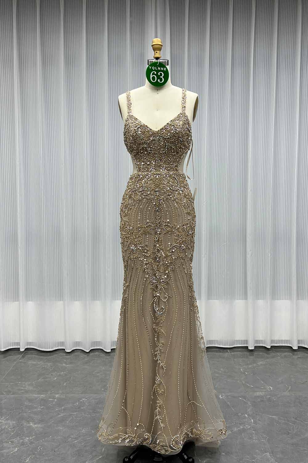 YQLNNE 063 Nude Rhinestones Evening Dress Mermaid Pageant Gown