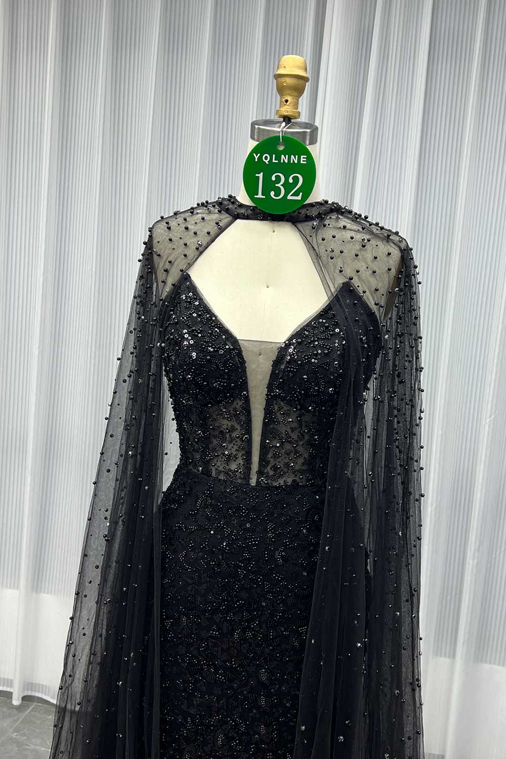 YQLNNE 0132 Black Strapless Beaded Evening Dress With Removable Shawl