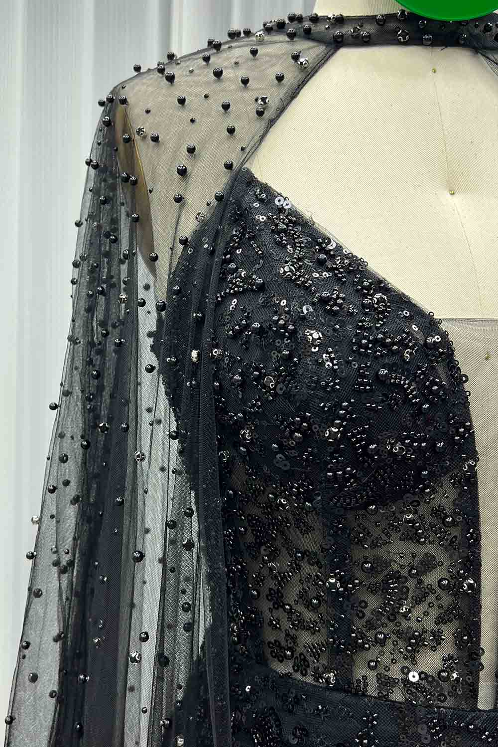 YQLNNE 0132 Black Strapless Beaded Evening Dress With Removable Shawl