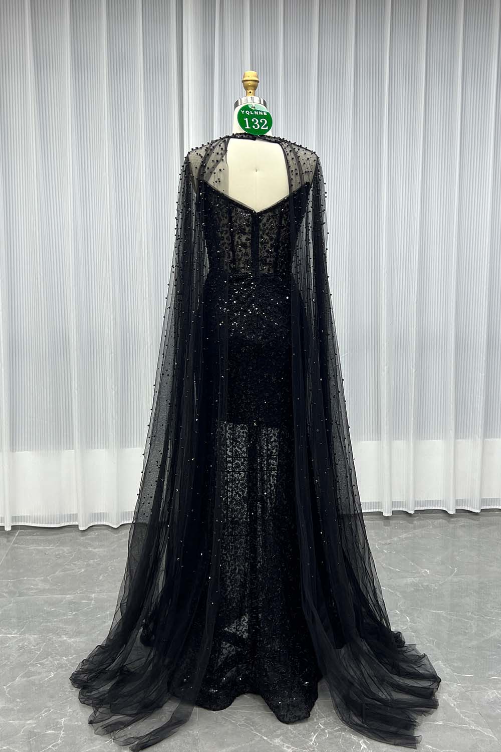 YQLNNE 0132 Black Strapless Beaded Evening Dress With Removable Shawl