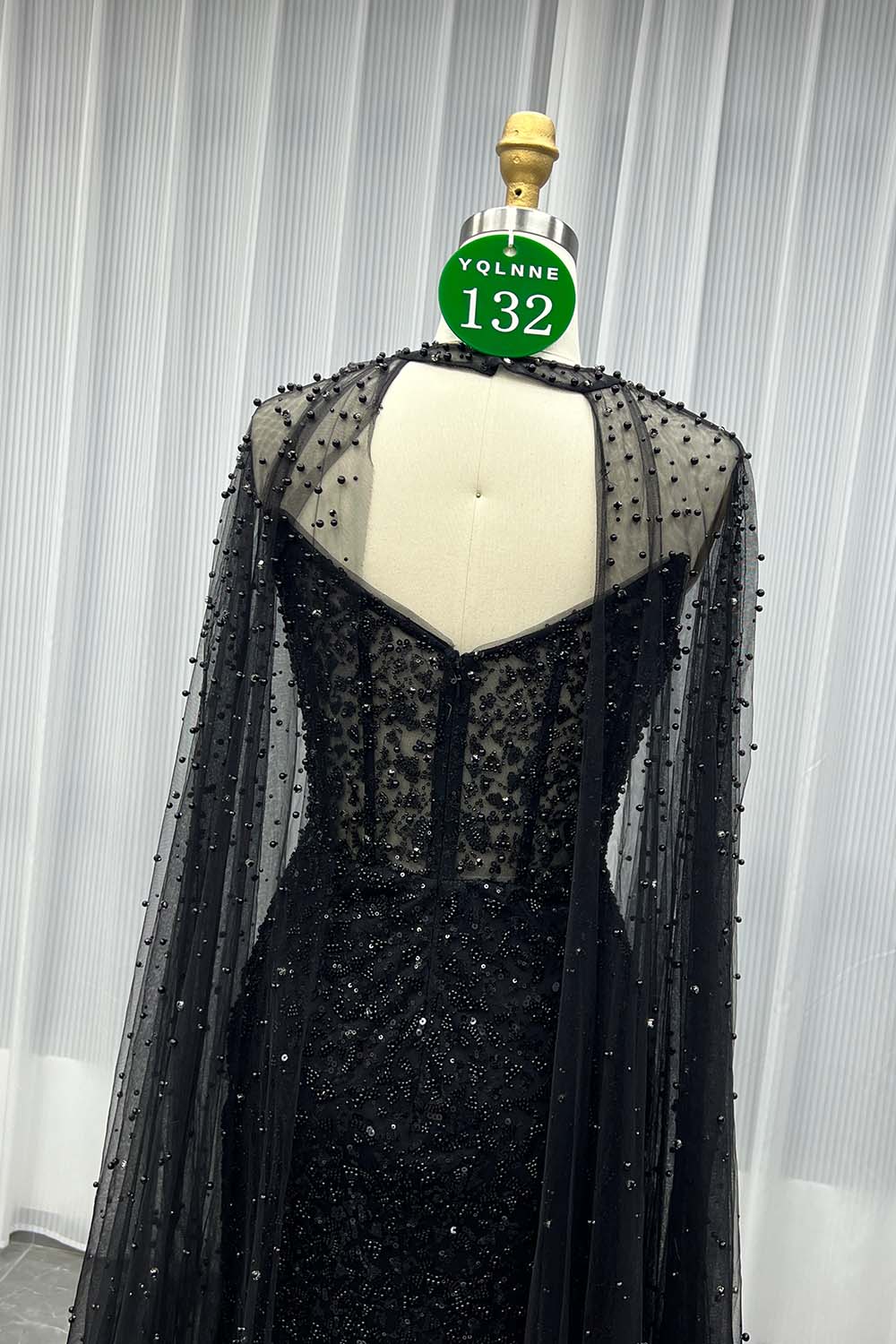 YQLNNE 0132 Black Strapless Beaded Evening Dress With Removable Shawl