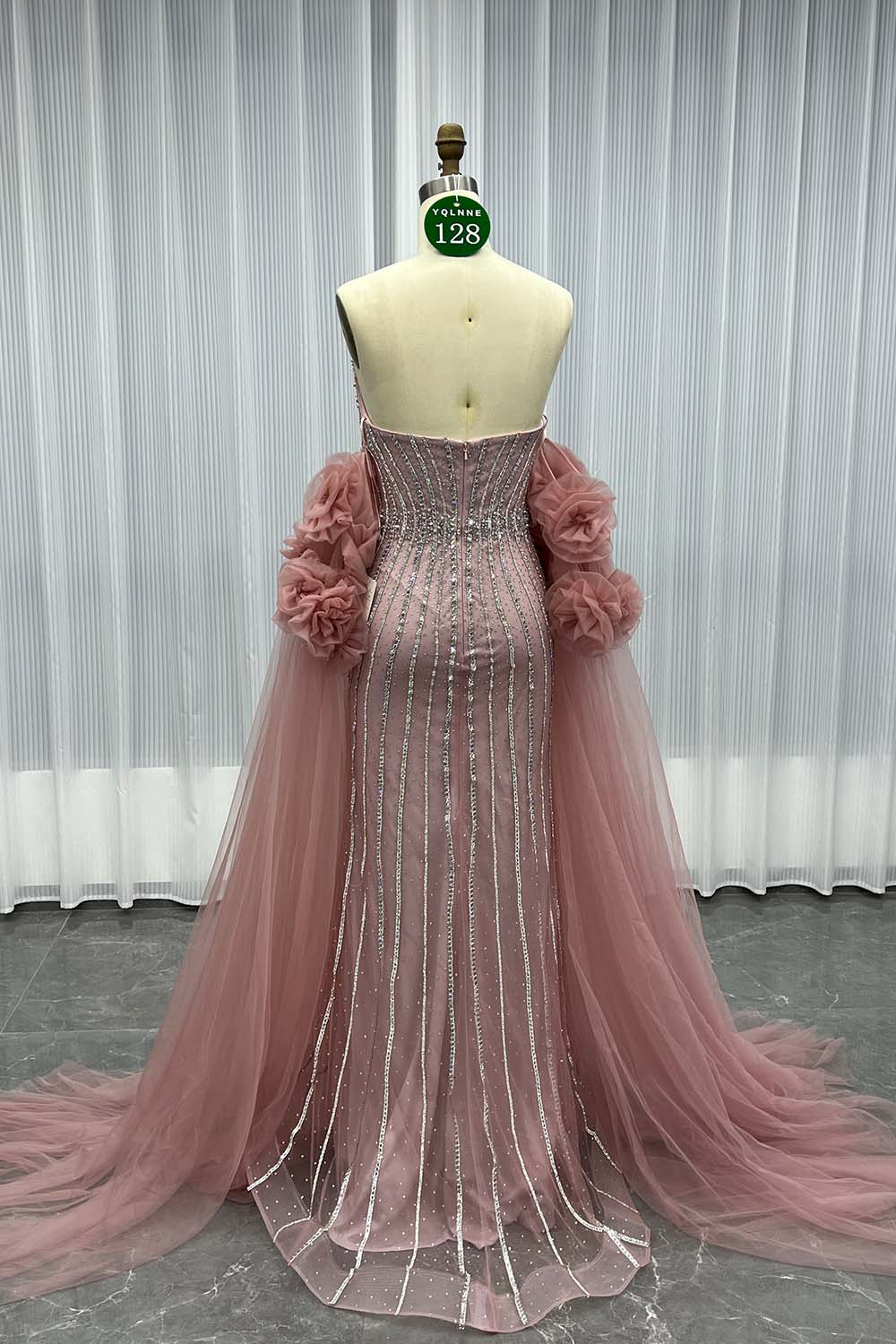 YQLNNE 0128 Luxury Pink Crystals Evening Party Gown With Removable Tulle Sleeves