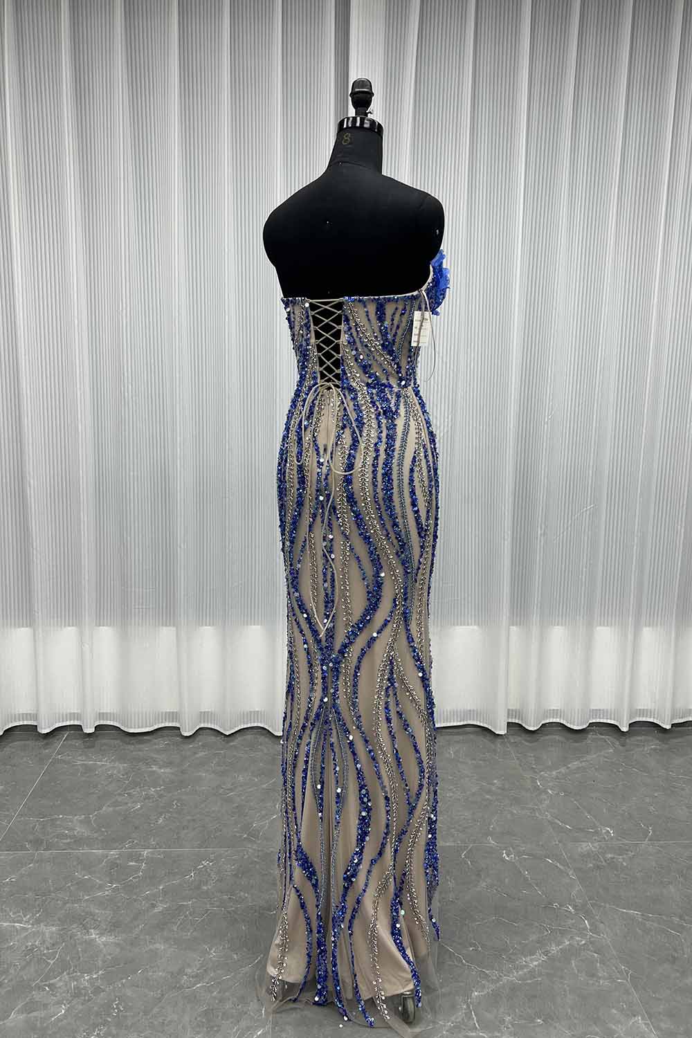 YQLNNE 040 Luxury Blue Crystals Evening Party Gown Pageant Dresses Lace-up