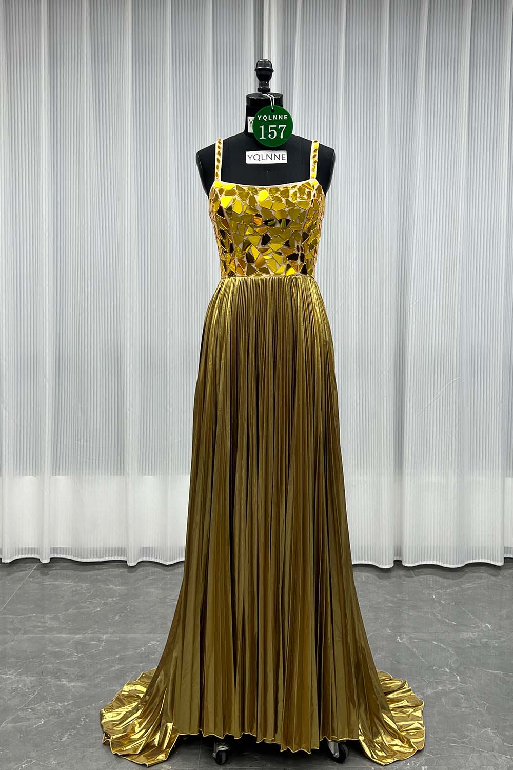 YQLNNE 0157 Gold Lens Long Prom Dress Straps Lace-up Back