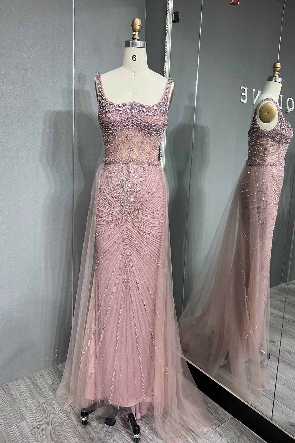 YQLNNE 042 Pink Crystals Beaded Evening Dress Long Mermaid Party Dress with Removeable Train