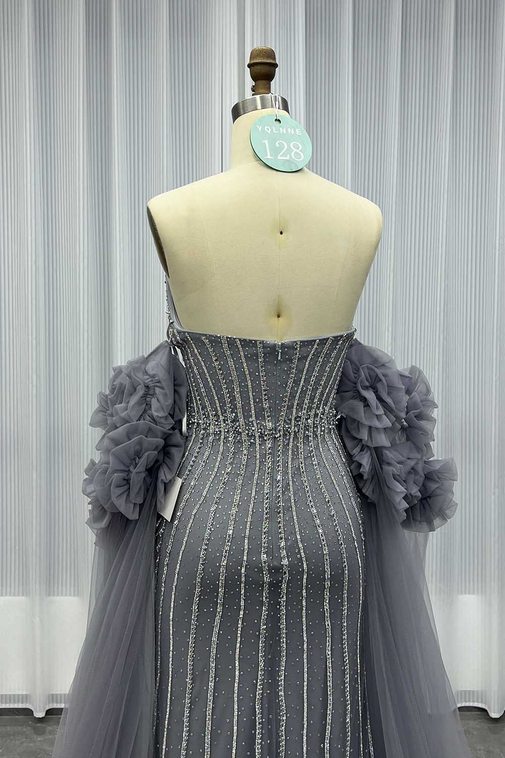 YQLNNE 0128 Luxury Gray Crystals Evening Party Gown With Removable Sleeves