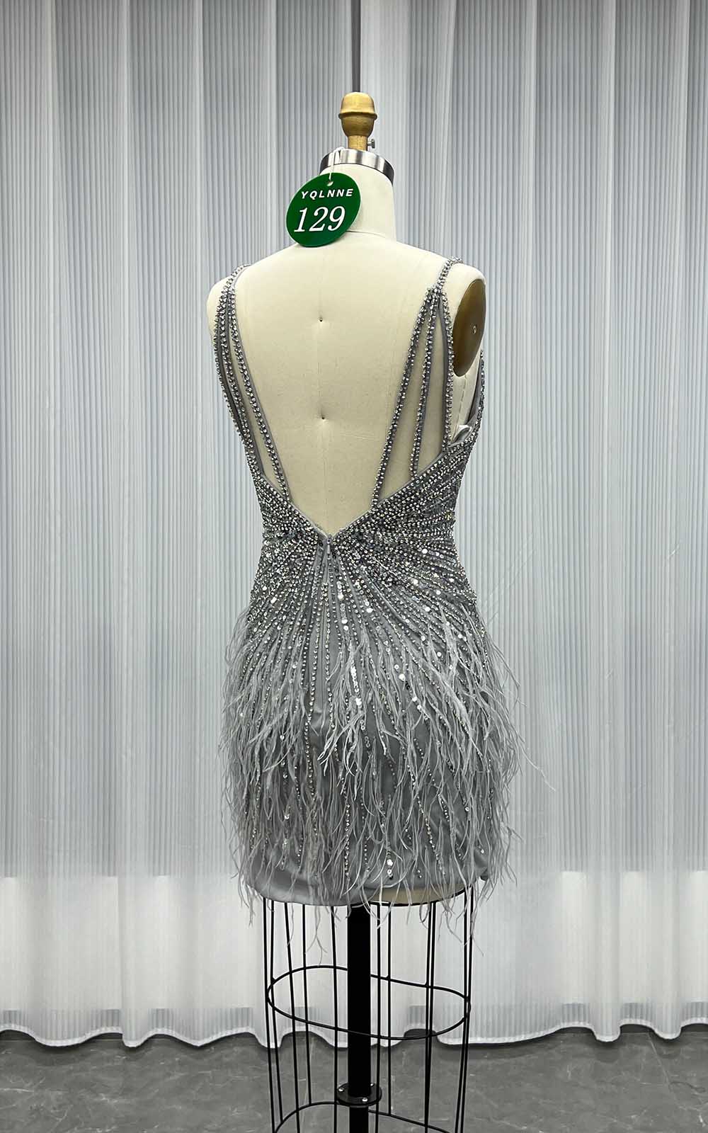 YQLNNE 0129 Silver Feathers Short Evening Dress Crystals Beaded Party Gown