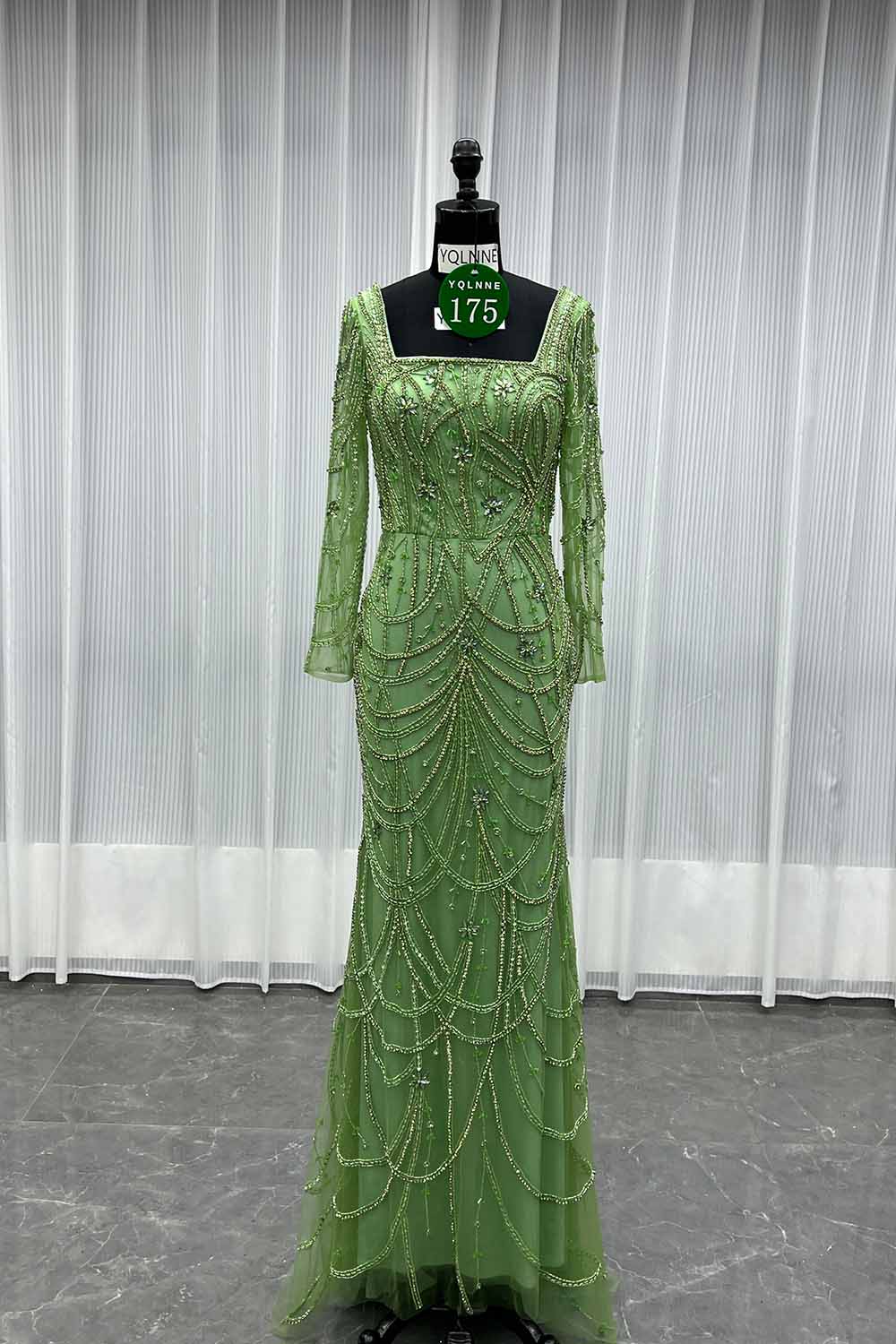 YQLNNE 0175 Nude Square Collar Crystals Beaded Evening Dress With Long Sleeves
