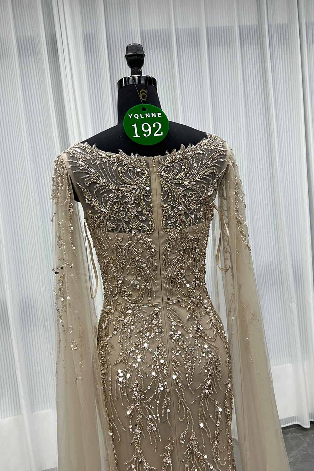 YQLNNE 0192 Burgundy Handmade Crystals Beaded Evening Dress With Long Cape Sleeves