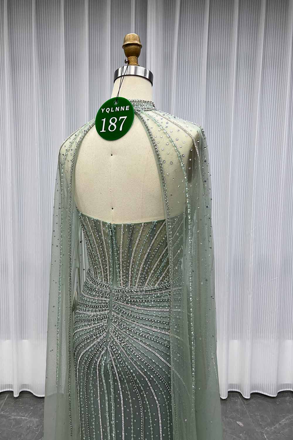 YQLNNE 0187 Sage Green Rhinestones Mermaid Evening Dress With Removable Shawl