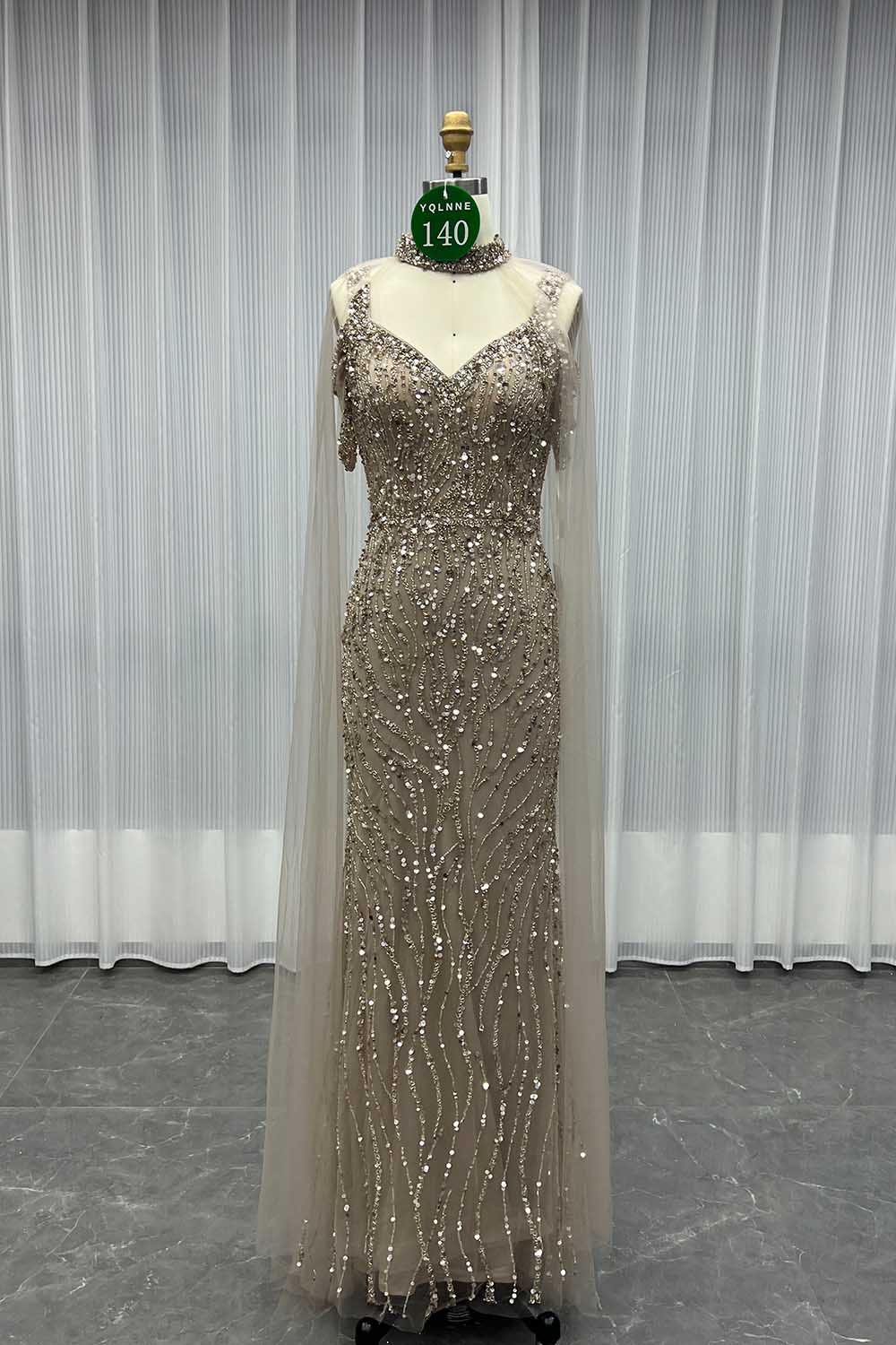 YQLNNE 0140 Nude Off Shoulder Crystals Beaded Evening Dress With Removable Shawl