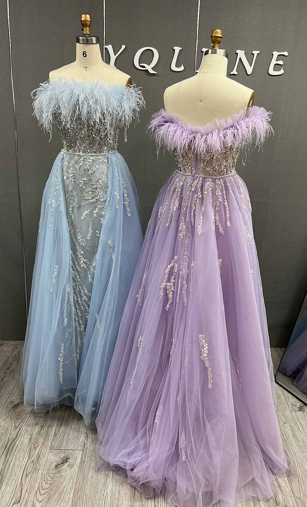 YQLNNE 0124 Blue Feathers Evening Dress Long Handmade Diamonds Formal Gown