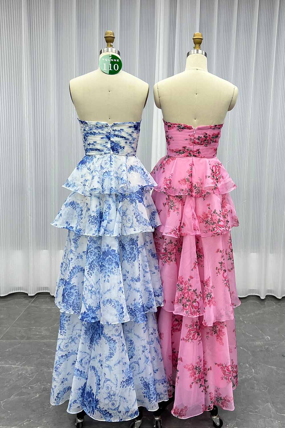 YQLNNE 0110 Pink Print Flowers Prom Dress Strapless Long Party Gown