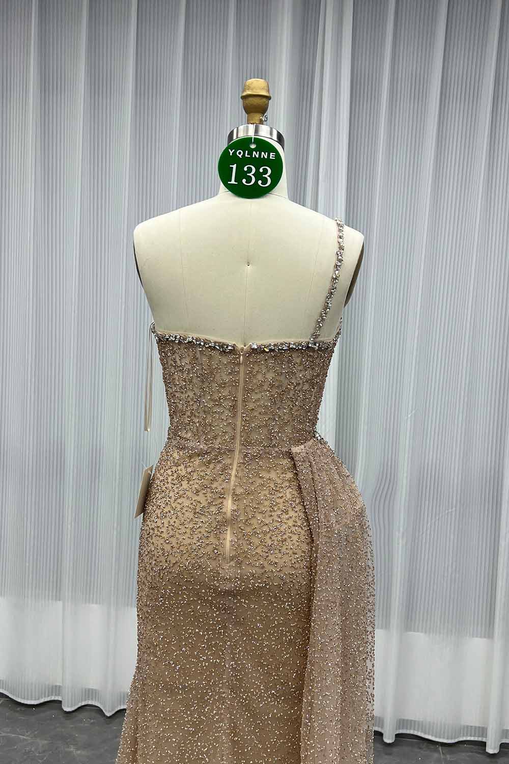 YQLNNE 0133 Rose Gold One Shoulder Crystals Evening Dress With Side Skirt