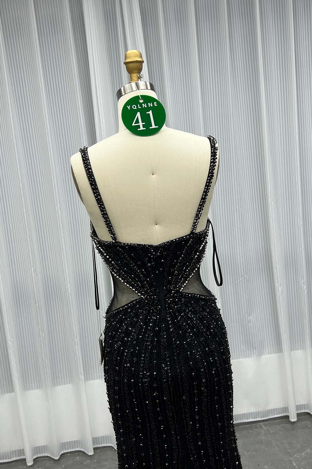 YQLNNE 041 Black Crystals Mermaid Evening Dress With Straps