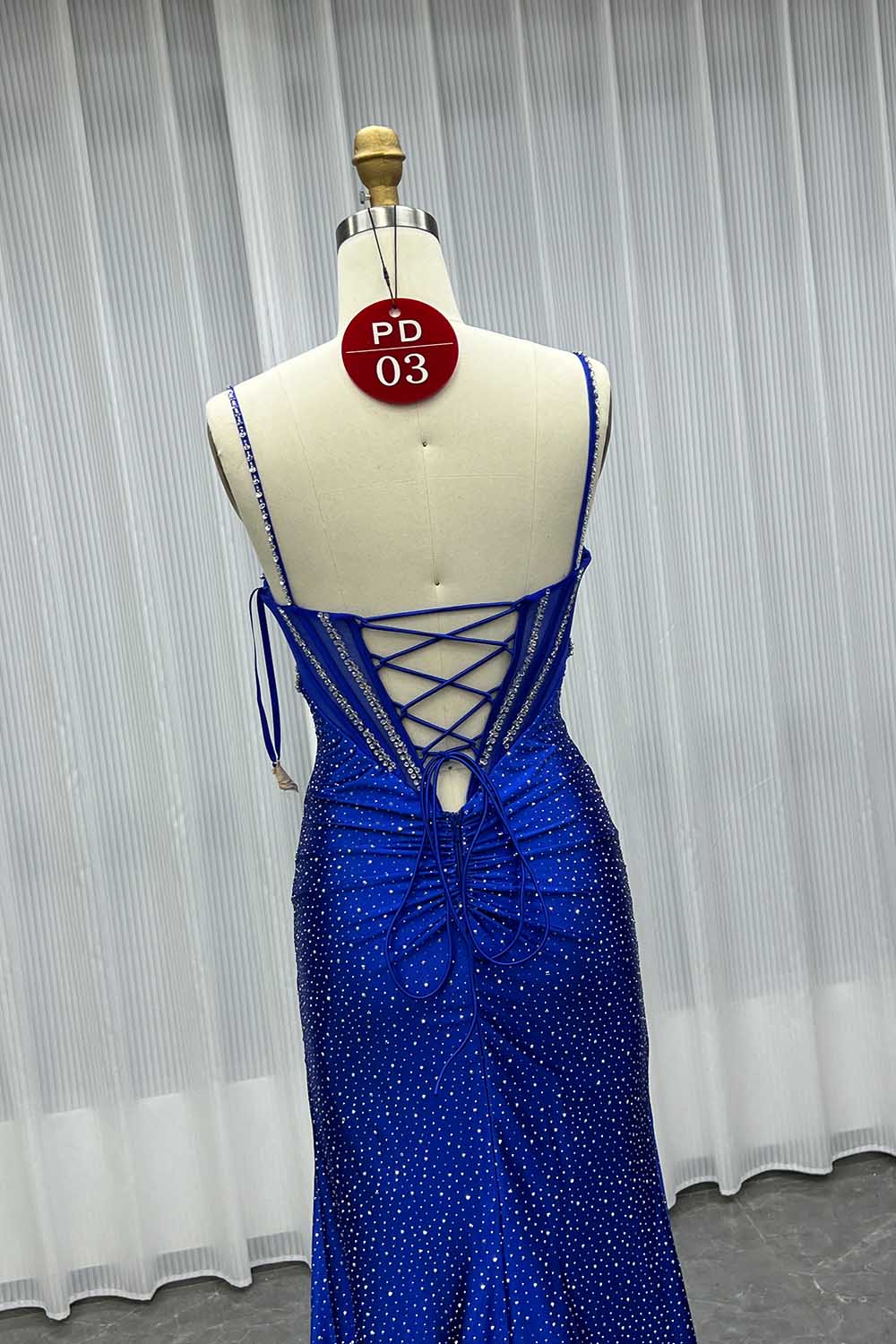 YQLNNE PD03 Navy Crystals Long Prom Dresses Satin Straps
