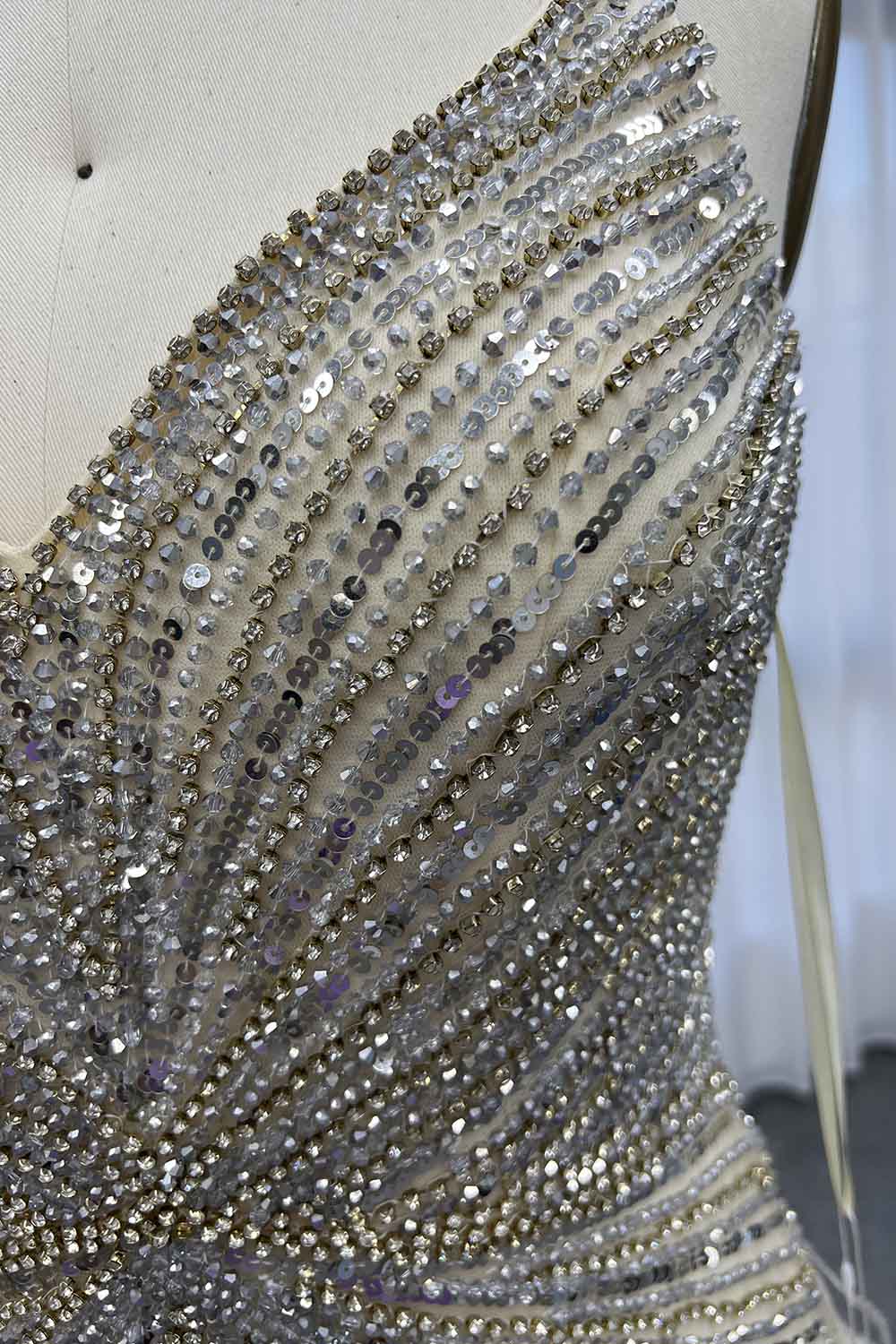 YQLNNE 043 Beige Feathers Long Crystals Evening Dress With Slit
